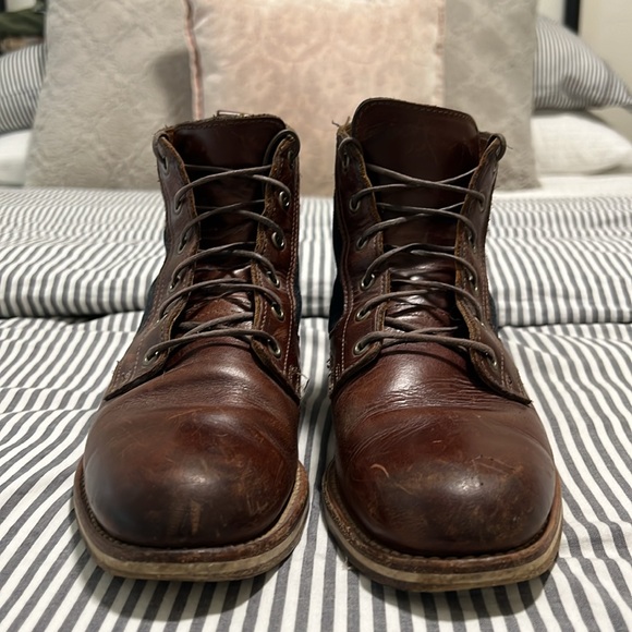 HELM Boots Men's Lace-up Leather Brown with Blue Denim Side Panels Size 7 D - Picture 2 of 2